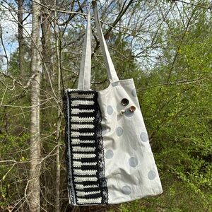Handmade Polka Dot Canvas Tote with Crochet Piano Accent - Grey & Black